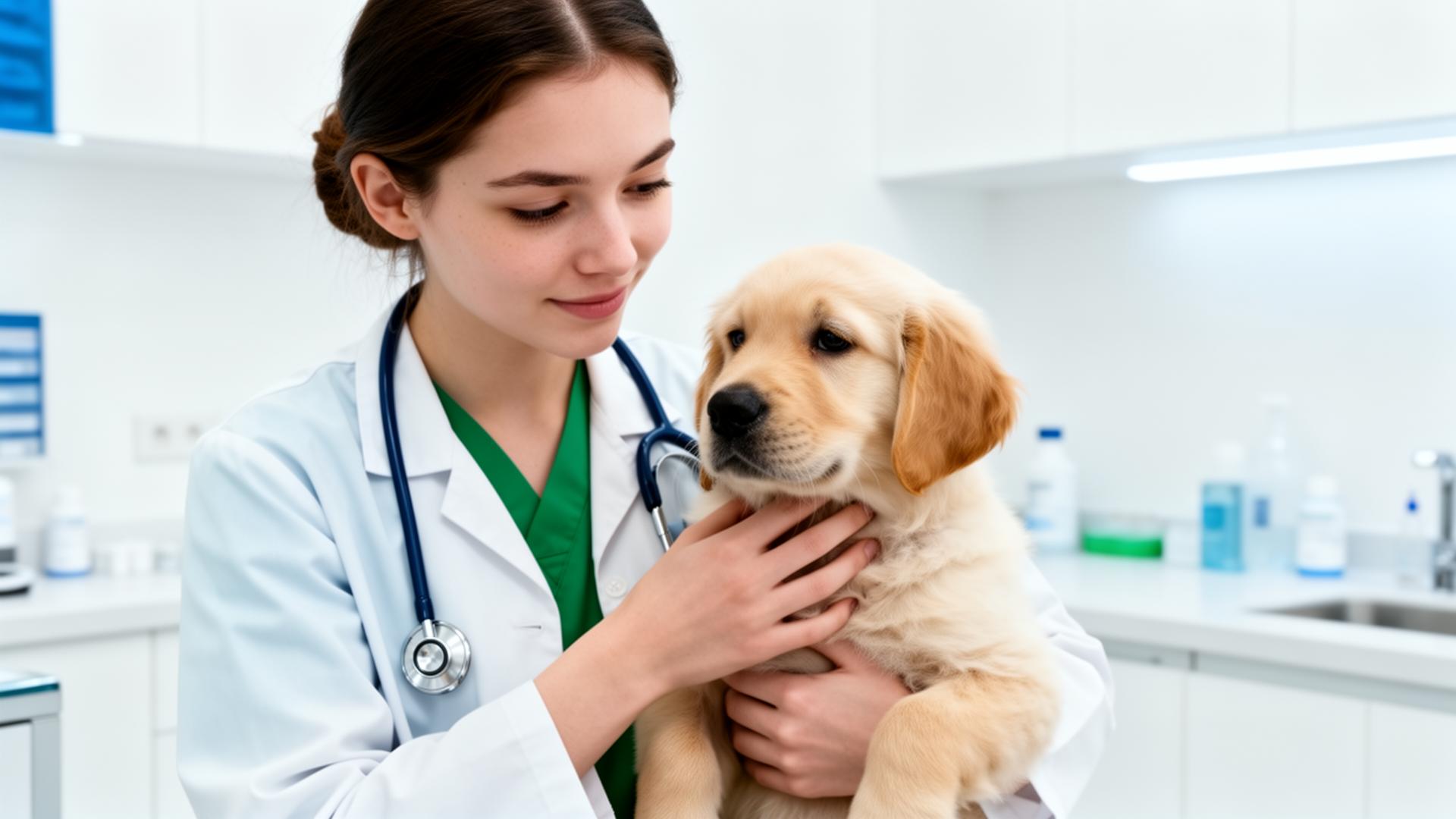 Veterinária acolhendo um filhote com carinho